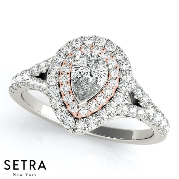Set Of Diamond Engagement Rings 14kt Gold For Pear Cut Diamond