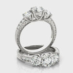 Round Cut Three Stone Filigree Matching  Engagement & Wedding Band With Crown Accents 14kt Gold Ring