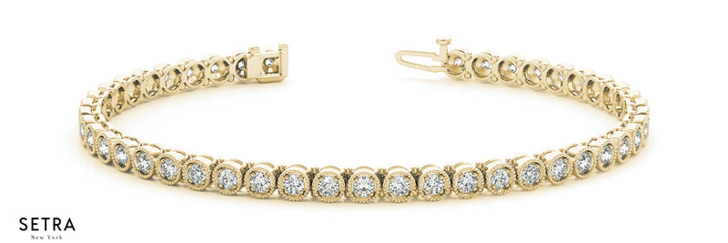 Diamonds Milgrain Accents Setting Solid Tennis Bracelet In 14k Gold