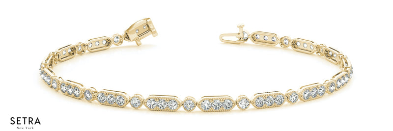 Vintage Fancy Diamonds Solid Tennis Bracelet In 14k Gold
