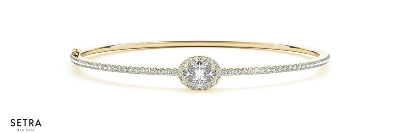 Oval Cut Center Halo Diamond Bangle Bracelets 14kt Gold
