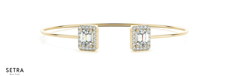 Lab Grown Diamond Center Emerald Shape Halo Bangle Bracelets 14kt Gold