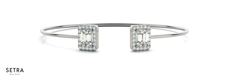 Emerald Cut Center Halo Diamond Bangle Bracelets 14kt Gold