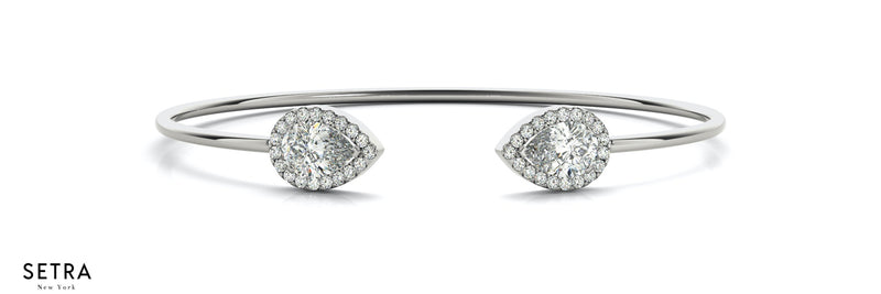 Pear Cut Center Halo Diamond Bangle Bracelets 14kt Gold