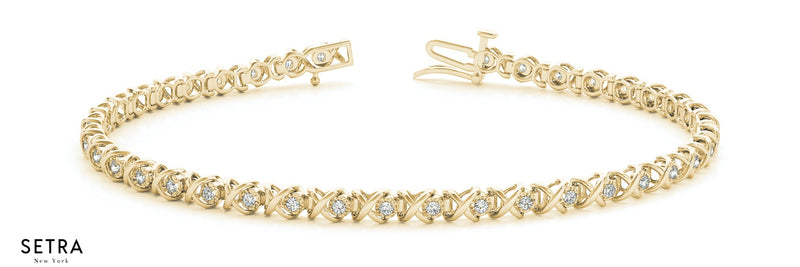 ''XO'' Round Cut Diamonds Tennis Bracelet 14kt Gold