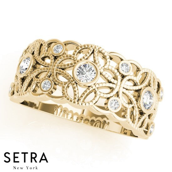 Art Deco Flower Style 14k Fine Rose Gold Diamond Ring