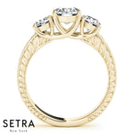 Round Cut Three Stone Filigree Matching  Engagement & Wedding Band With Crown Accents 14kt Gold Ring
