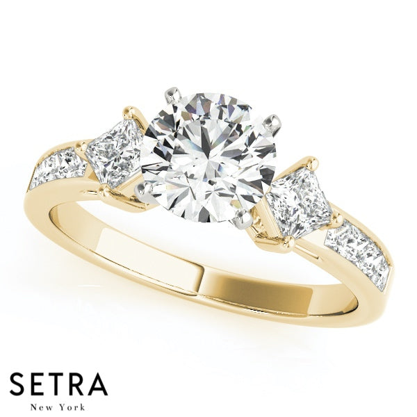 Sides Fancy Princess Cut Diamonds Engagement Ring 14kt Gold