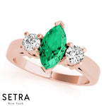 14k Rose Gold Center Marquise Emerald Gem & Diamonds Fashion Ring