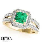 Halo 14k Gold Center Princess Cut Emerald Gem & Diamonds Ring