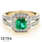 Halo 14k Gold Center Princess Cut Emerald Gem & Diamonds Ring