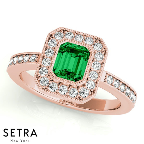 Emerald Cut Emerald Gem Halo Engagement Milgrain Setting 14K Gold Ring