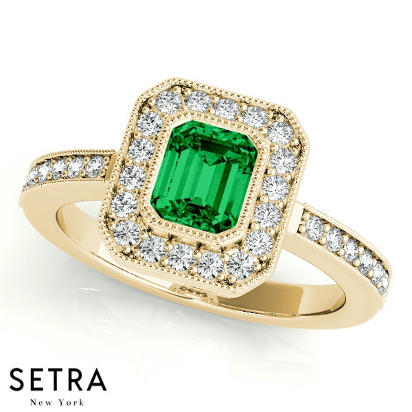 Emerald Cut Emerald Gem Halo Engagement Milgrain Setting 14K Gold Ring