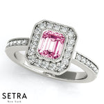 Emerald Cut Pink Sapphire Halo Milgrain Setting Engagement 14K Gold Ring