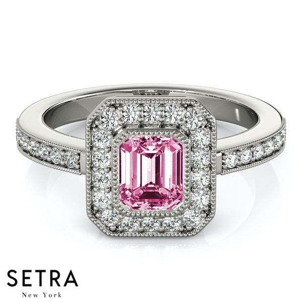 Emerald Cut Pink Sapphire Halo Milgrain Setting Engagement 14K Gold Ring
