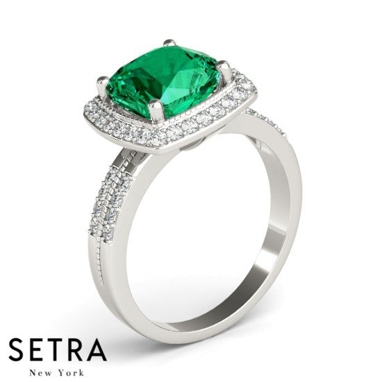 Lab Grown Diamonds Cushion Cut Emerald Ring 14kt Gold