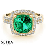Cushion Cut Emerald & Diamonds Halo Ring 14kt Gold