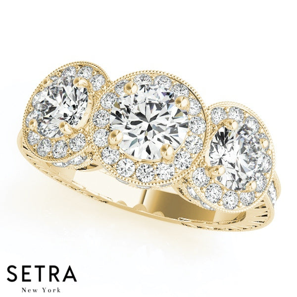 Three-Stone Filigree Halo Round Cut Diamonds Engagement Ring Bezel Setting 14kt Gold