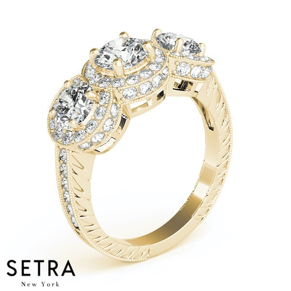 Three-Stone Filigree Halo Round Cut Diamonds Engagement Ring Bezel Setting 14kt Gold