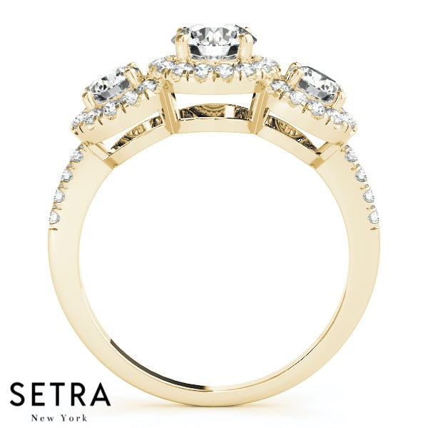 Three-Stone Filigree Halo Round Cut Diamonds Engagement Ring Prong Setting 14kt Gold