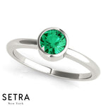 Round Cut Emerald Solitaire Bezel 14kt Fine Rose Gold Ring