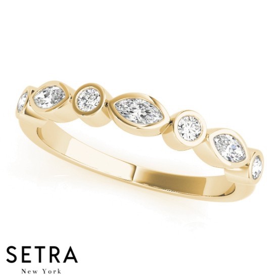 UNIQUE COMBINATION OF MARQUISE & ROUND CUT DIAMONDS 14K  GOLD BAND RING