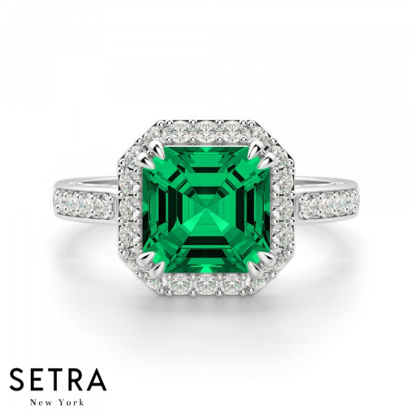 Asscher Cut Emerald & Round Diamond Halo Engagement Fine Double Eagle-Prong Setting 14K Gold Ring