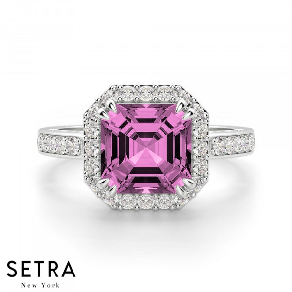 Asscher Cut Pink Sapphire & Round Diamond Halo Engagement Fine Double Eagle-Prong Setting 14K Gold Ring 14K Gold Ring