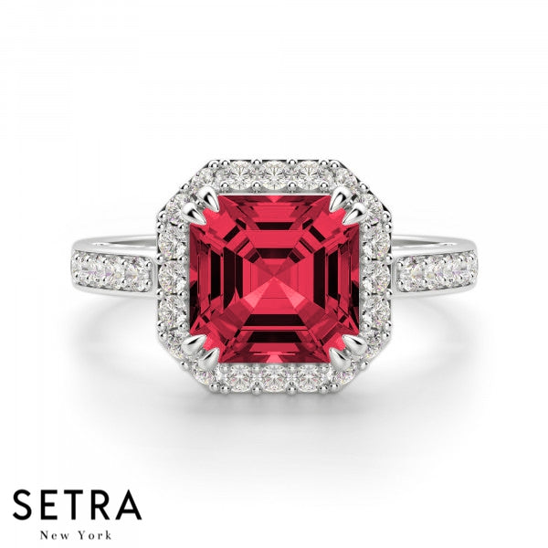 Asscher Cut Ruby & Round Diamond Halo Engagement Fine Double Eagle-Prong Setting 14K Gold Ring 14K Gold Ring
