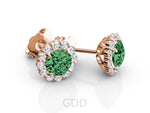 Halo Studs Diamonds Earrings With Emerald Gem 14kt Gold