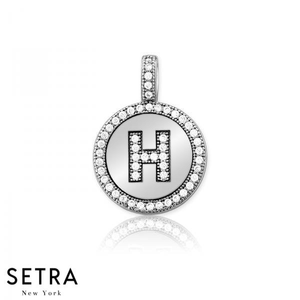 INITIAL MICRO-PAVE FINE 14K GOLD CIRCLE DISC "H" DIAMONDS  NECKLACE