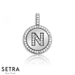 INITIAL MICRO-PAVE FINE 14K GOLD CIRCLE DISC "N" DIAMONDS NECKLACE