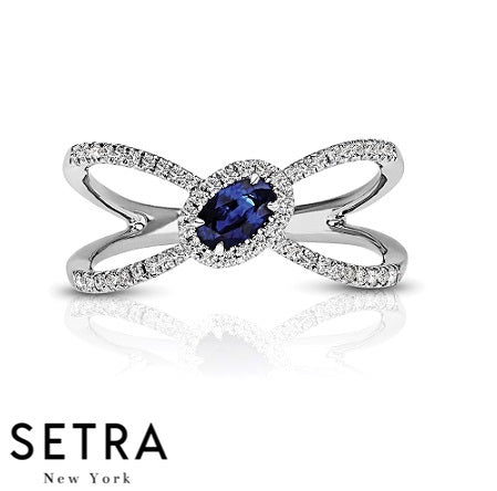 Oval Cut Blue Sapphire Diamond Fashion 14KT Ring