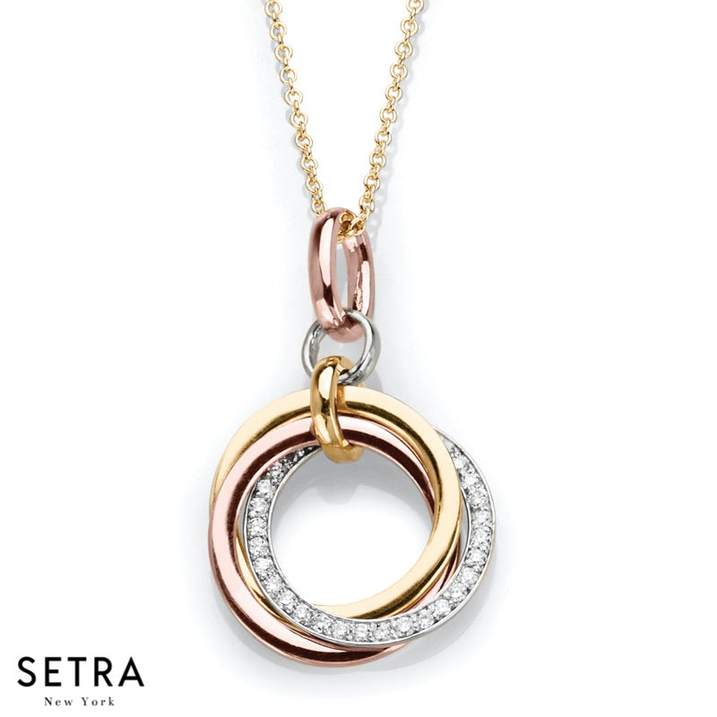 Designer Three Circle Interlocking Diamond Necklace 14kt Multi-Tone Gold