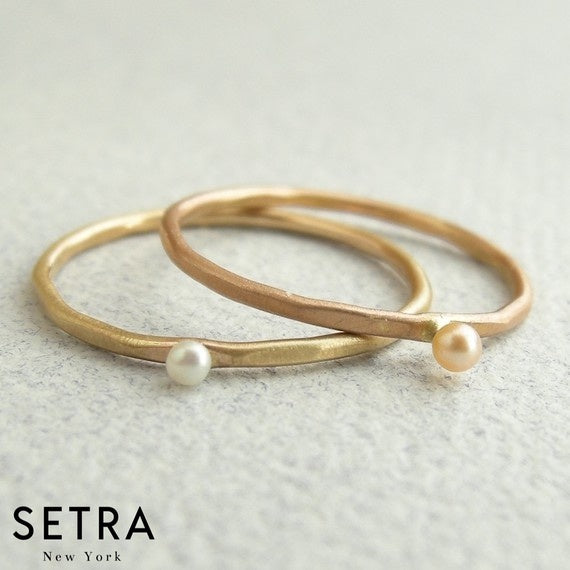 Hammered 14kt Fine Gold With White Fresh Water Pearl Ring
