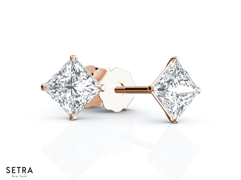 Princess Cut Diamonds Studs Earrings Eagle Prong Setting Fine 14k Gold