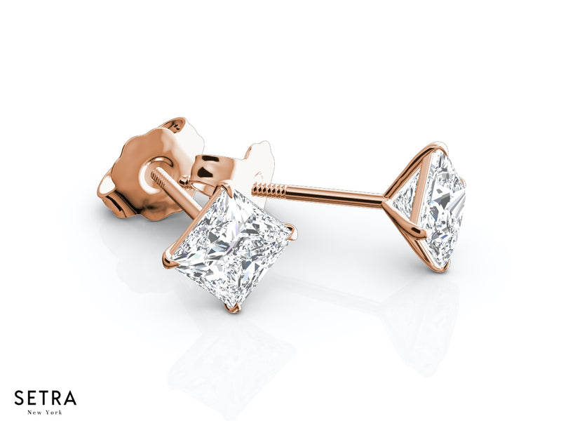 Princess Cut Diamonds Studs Earrings Eagle Prong Setting Fine 14k Gold