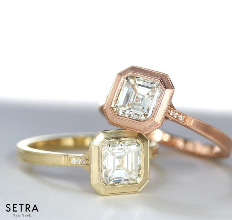 Lab Grown Classic Asscher Cut Diamond Engagement 18k Gold Ring