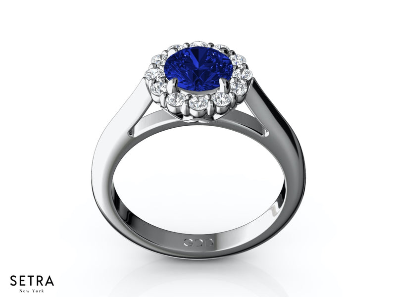 Elegant Center Round Cut Sapphire & Round Diamonds Halo Engagement 14K Gold Ring